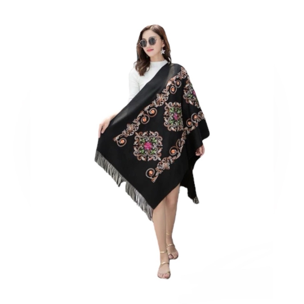 Black Embroidered Shawl Soft Pashmina Sequined Floral